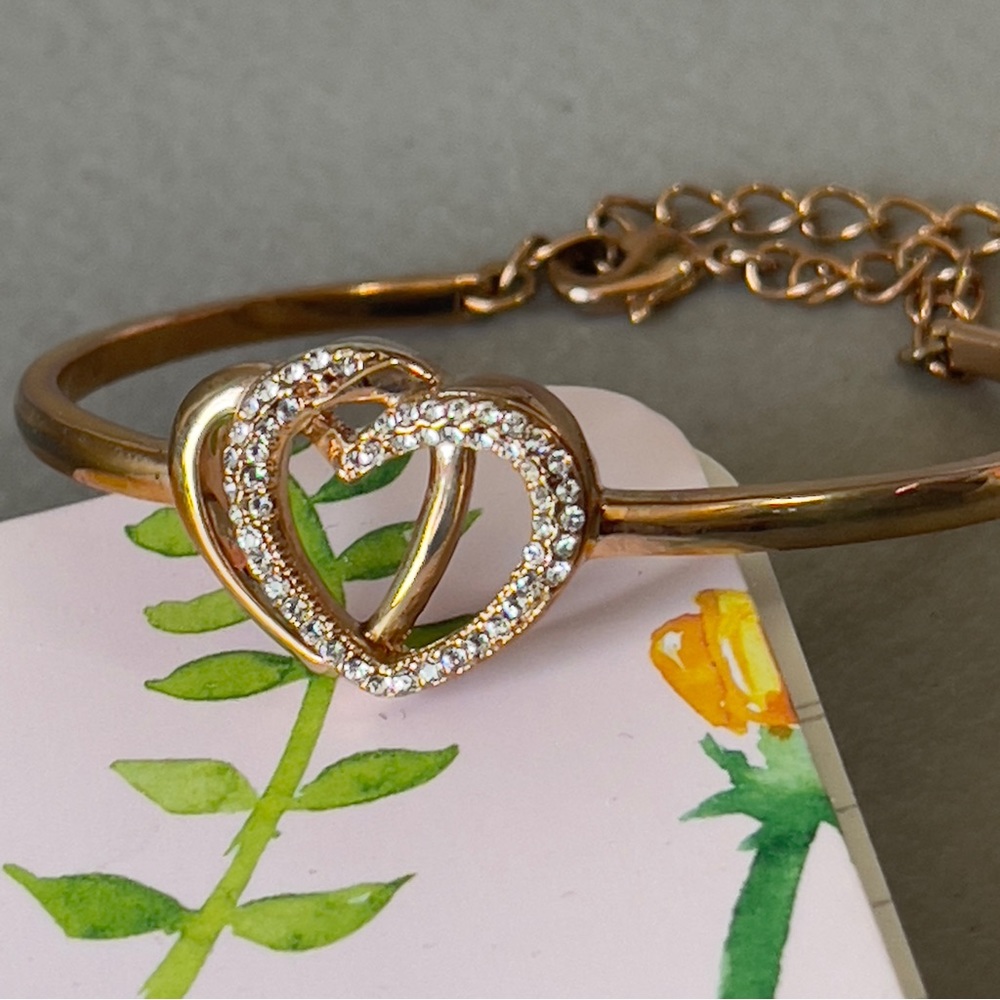 JN Rose Gold Twin Hearts Bangle Bracelet